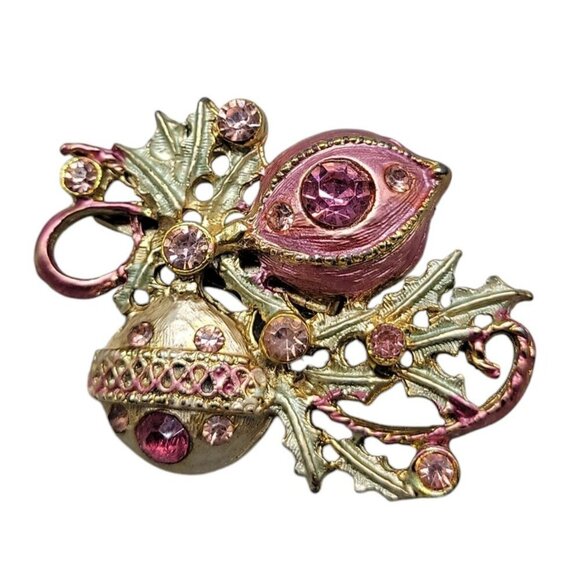 Christmas Ornament Brooch Pink & Gold Balls on Tree Branch Rhinestone Accents - Picture 5 of 7